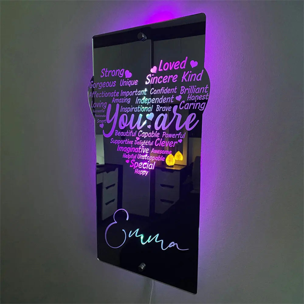 Personalised Name Mirror Sign Love Heart, LED Custom Illuminated Light Up Gift