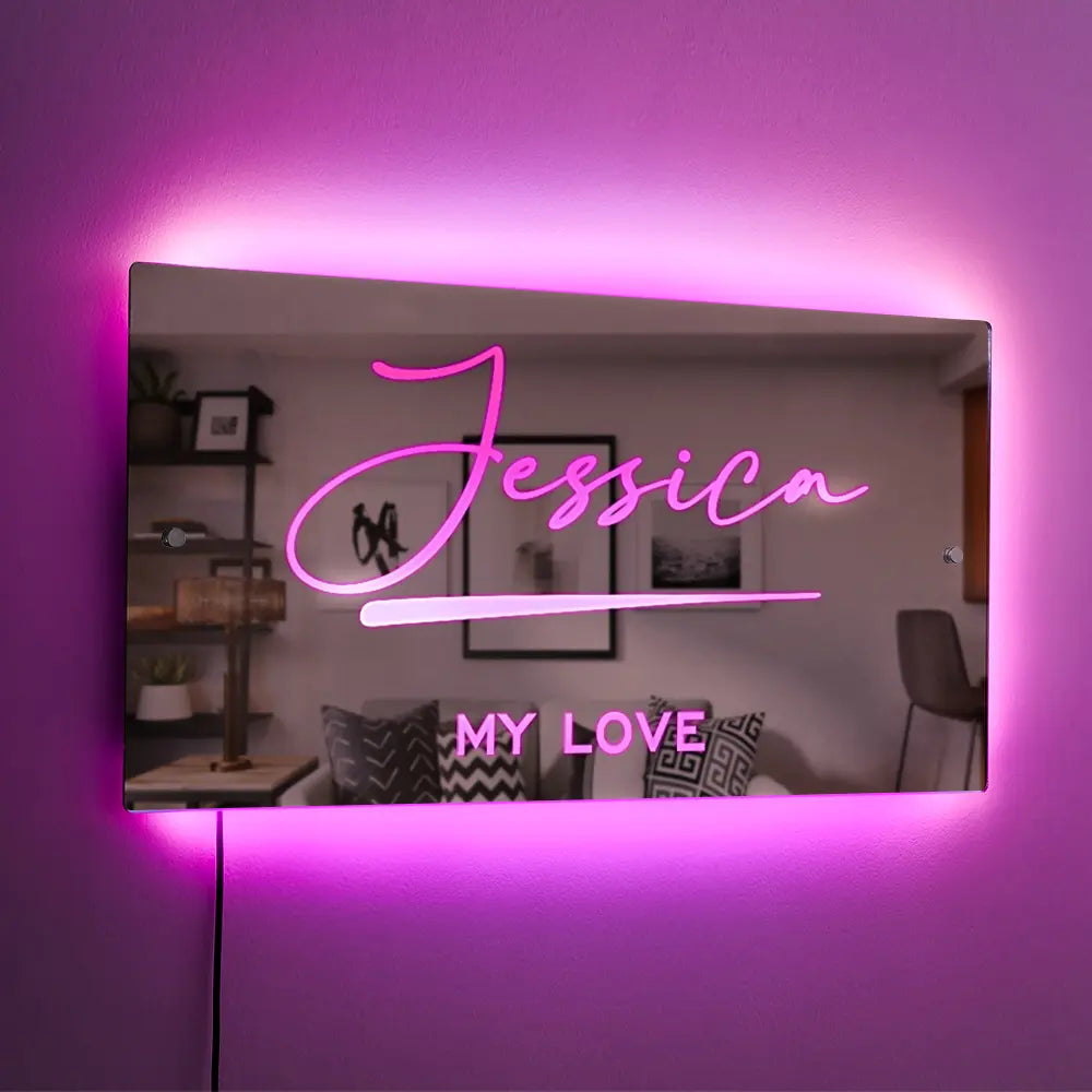 Personalised Name Mirror Sign, LED Custom Illuminated Light Up Bedroom Sign