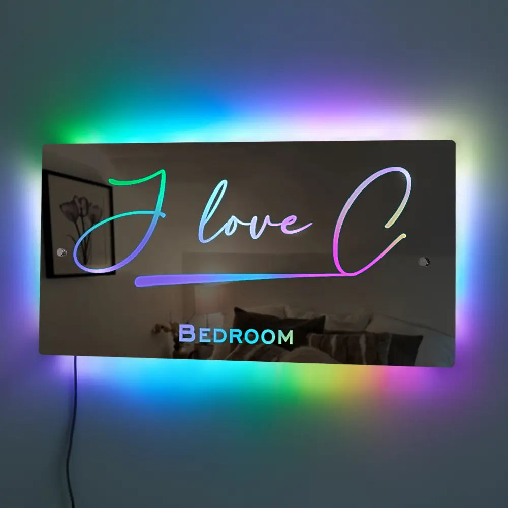 Personalised Name Mirror Sign, LED Custom Illuminated Light Up Bedroom Sign