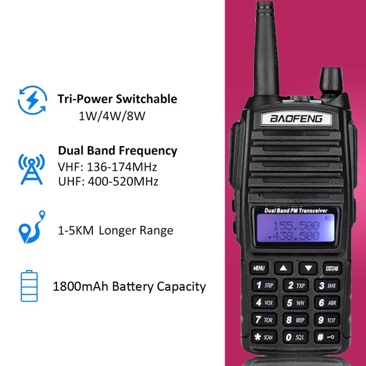 Upgraded BAOFENG UV-82 8W High Power Dual Band VHF/UHF Walkie Talkie + Earpiece