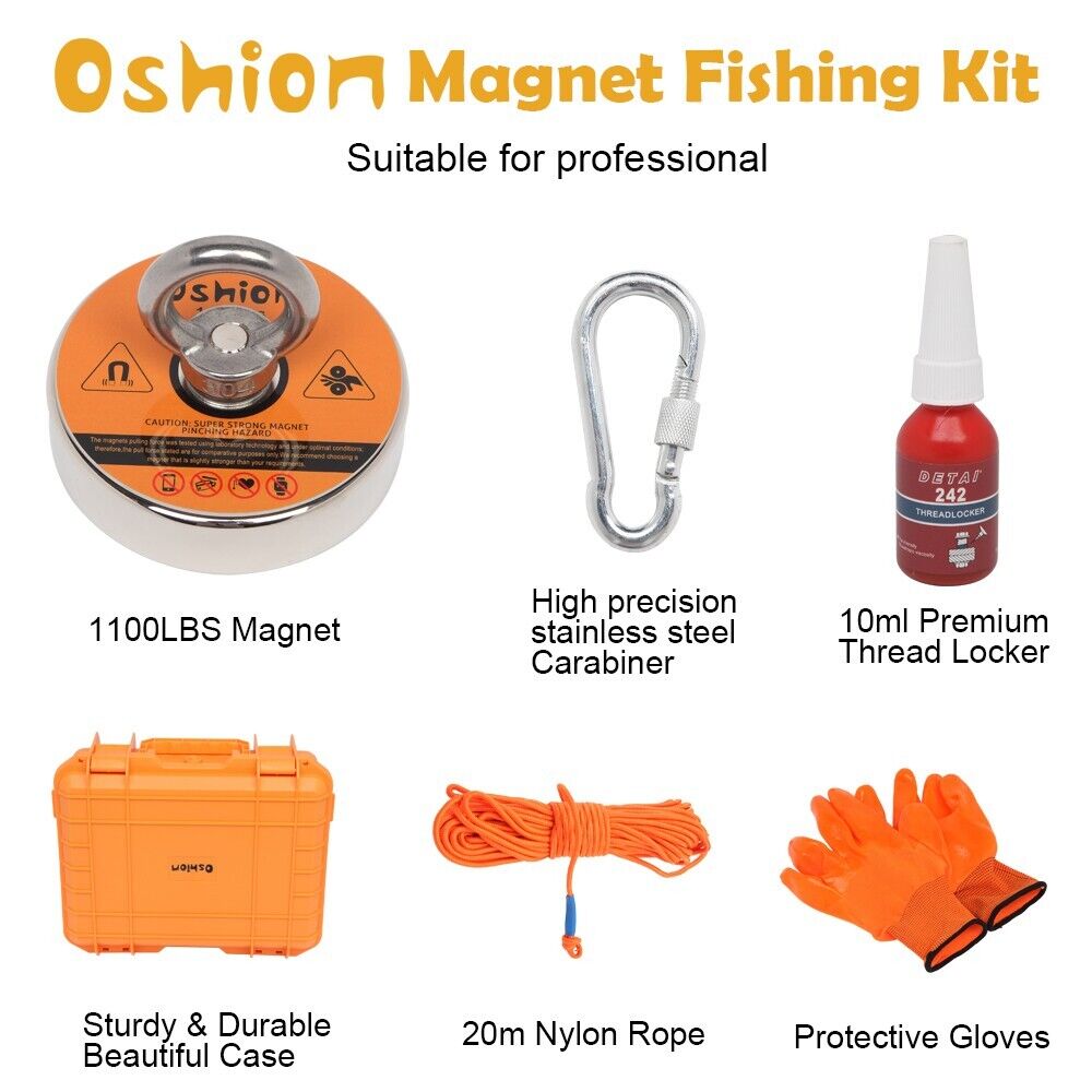 1100LB Fishing Magnet Kit Strong Pull Force Rope Carabiner Gloves Glue & Box