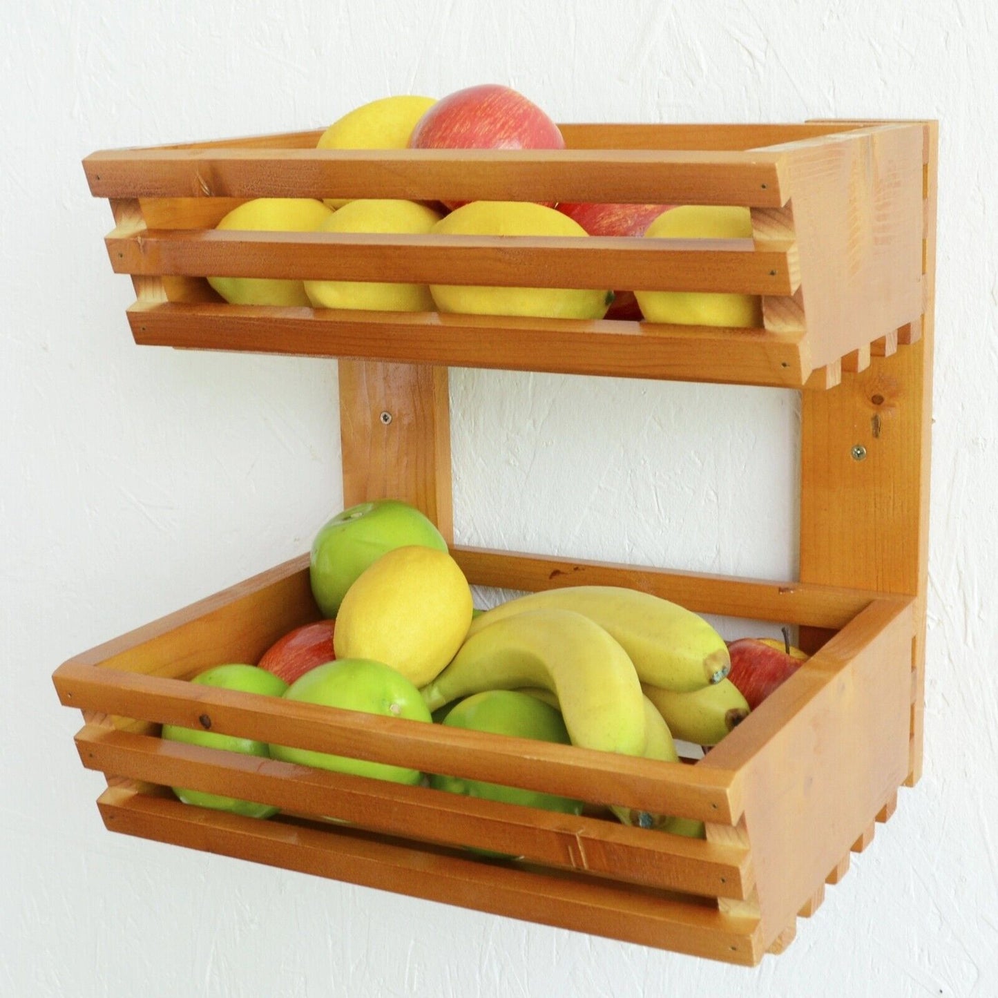 2 Tier Fruit Basket Handmade Natural Wood Holder Rack Vegetable Storage Stand