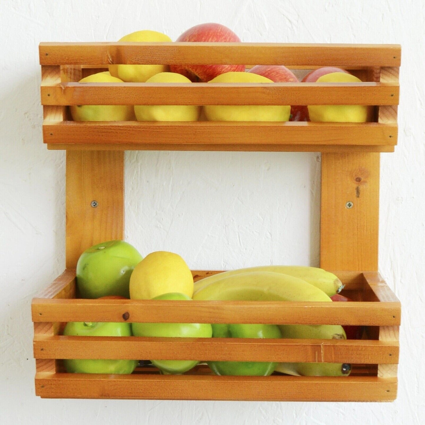 2 Tier Fruit Basket Handmade Natural Wood Holder Rack Vegetable Storage Stand