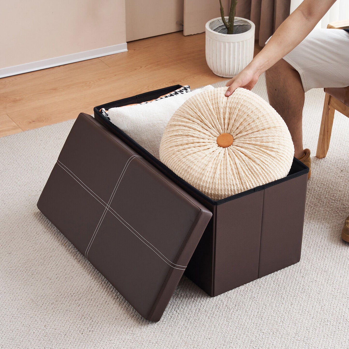 Folding Ottoman Storage Box Pouffe Seat Stool Home Chair Foot stool Bench LINEN