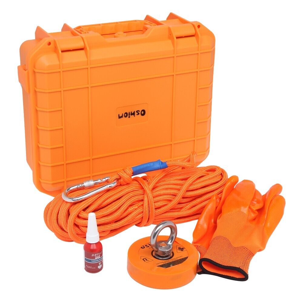 1100LB Fishing Magnet Kit Strong Pull Force Rope Carabiner Gloves Glue & Box