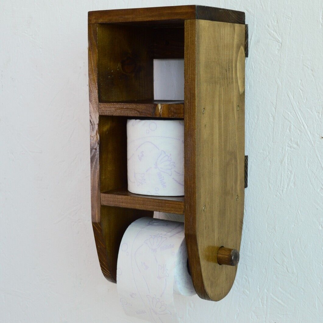 Wooden Toilet Paper Roll Holder Bathroom Storage Shelf Natural Wood Wall Mounted