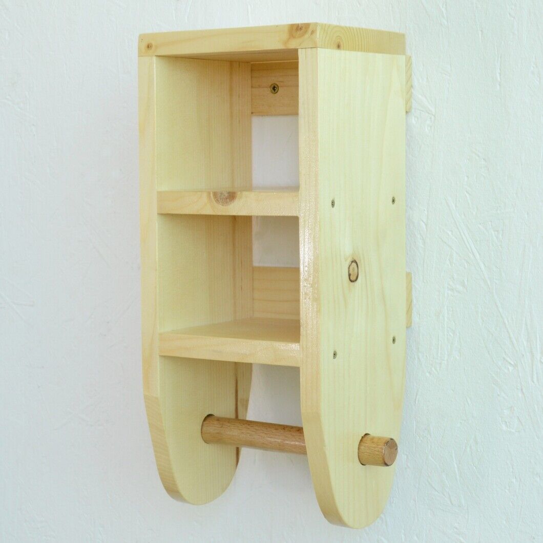 Wooden Toilet Paper Roll Holder Bathroom Storage Shelf Natural Wood Wall Mounted