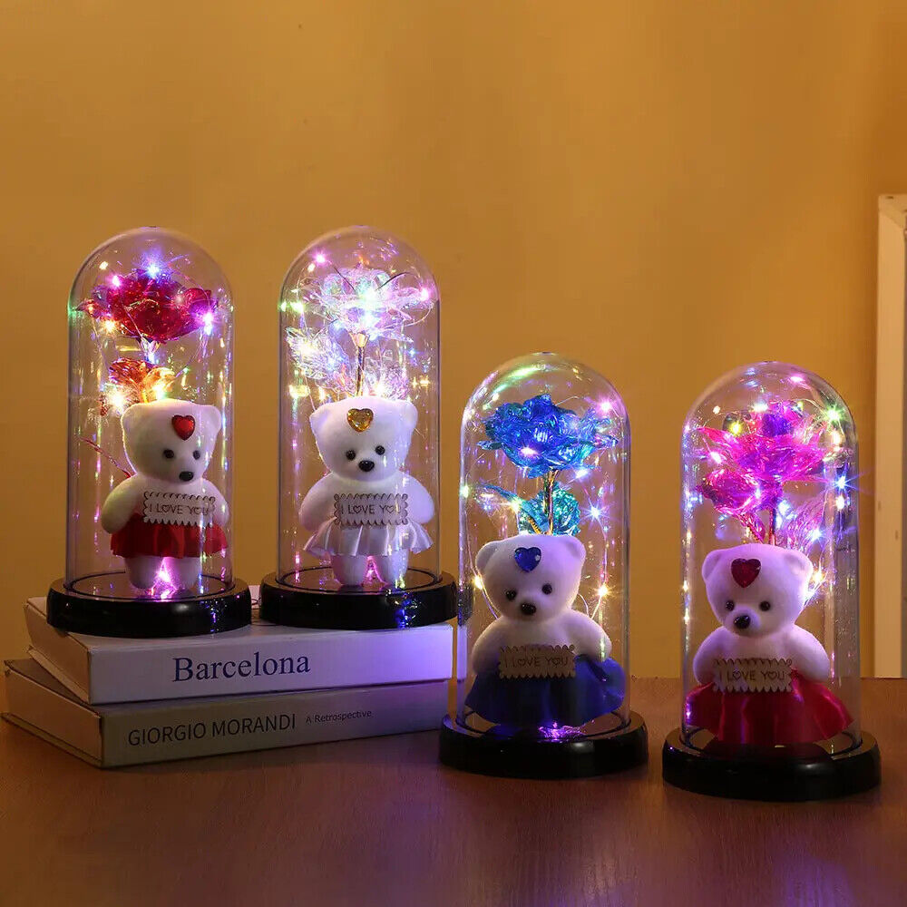Light Up Rose in Glass Dome Infinity Flower Birthday Bear Gift For Her Xmas Gift