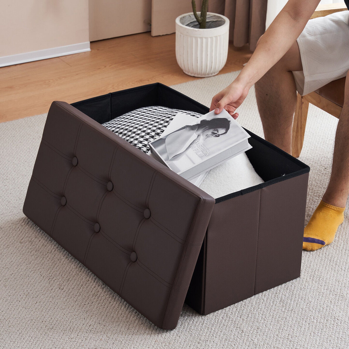Folding Ottoman Storage Box Pouffe Seat Stool Home Chair Foot stool Bench LINEN