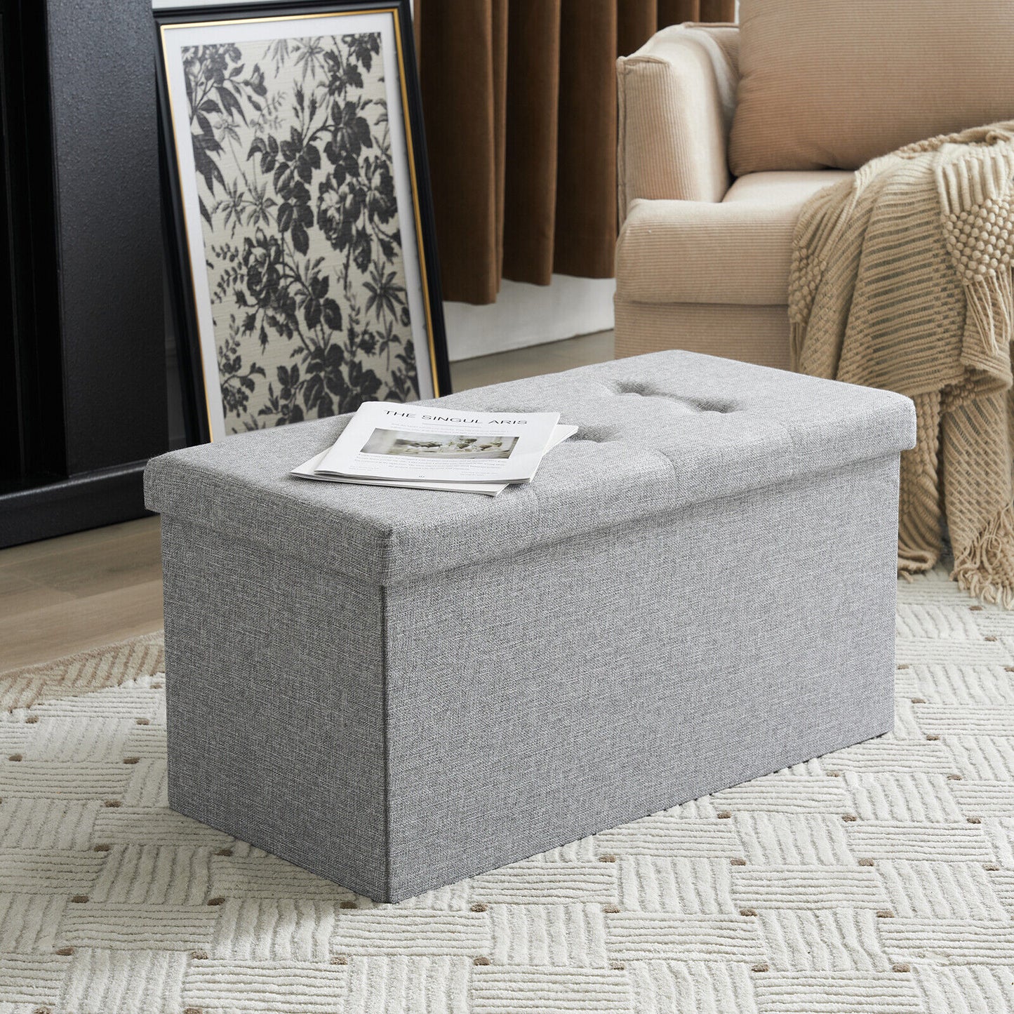 Folding Ottoman Storage Box Pouffe Seat Stool Home Chair Foot stool Bench LINEN