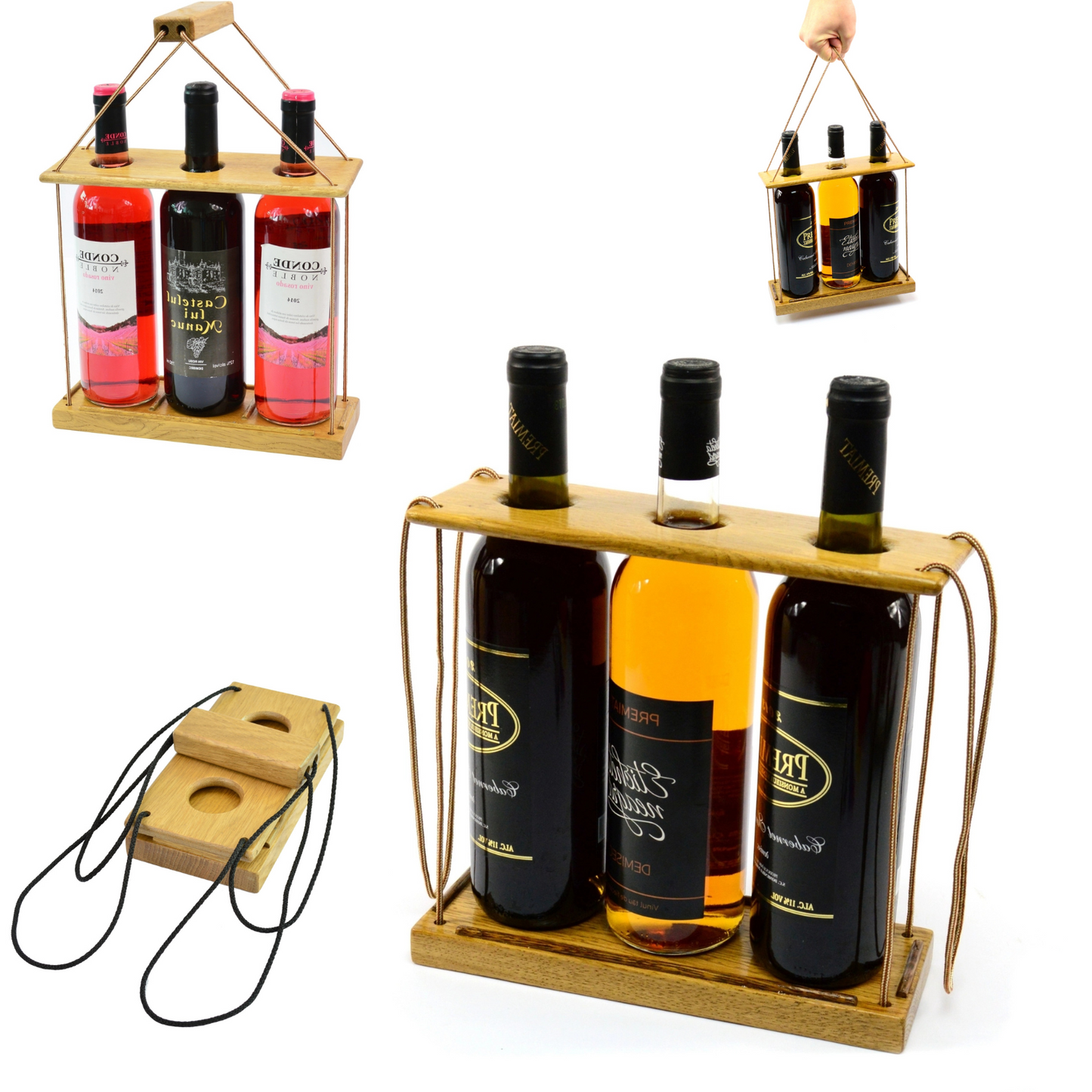 Handmade Wine Case Carrier 3 Bottle With Handle Storage Stand Stylish Durable