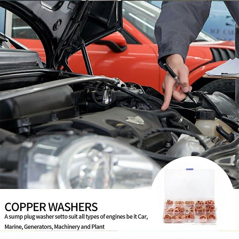 200 PC Assorted Washers Solid Copper Car Engine Crush Seal Flat Ring Gasket Set