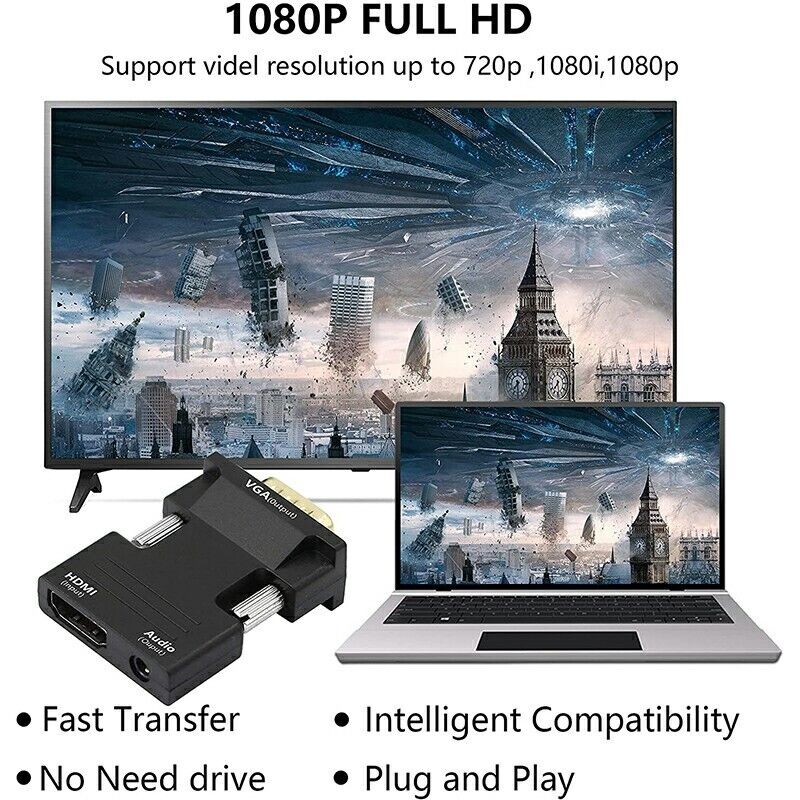 1080P HDMI Female to VGA Male with Audio Output Cable Converter Adapter Lead UK