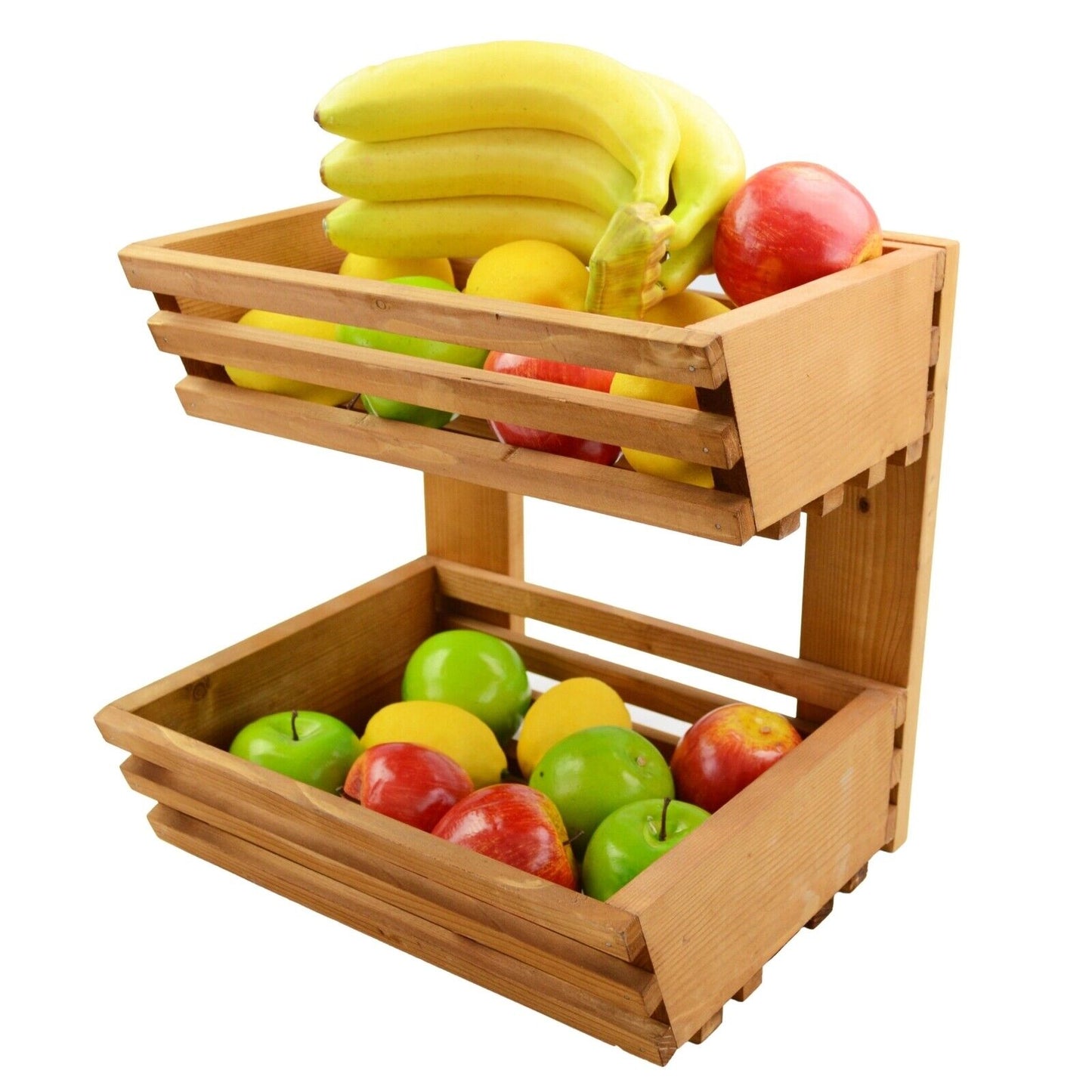 2 Tier Fruit Basket Handmade Natural Wood Holder Rack Vegetable Storage Stand