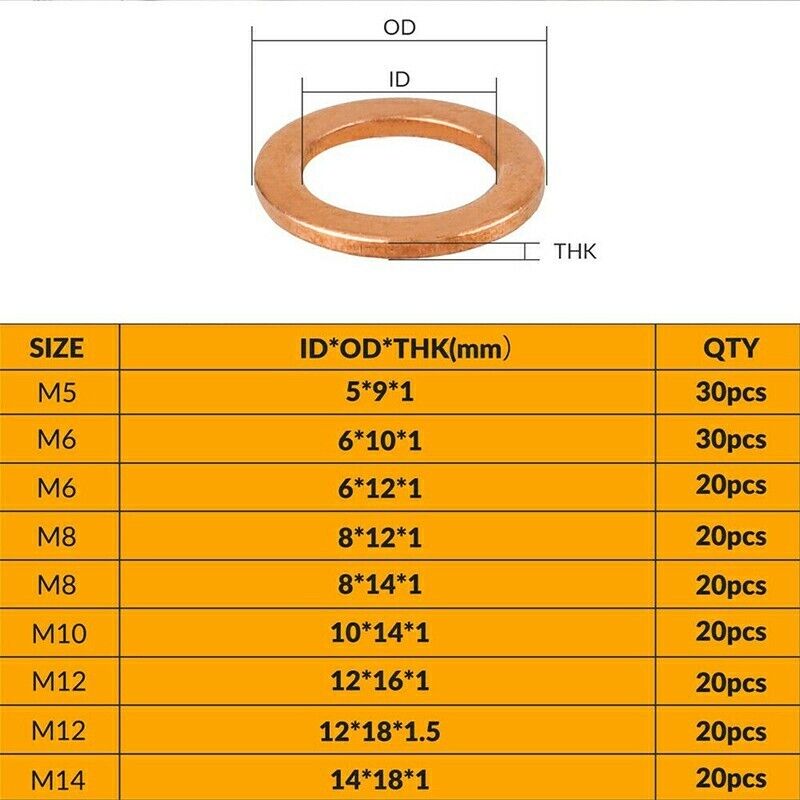 200 PC Assorted Washers Solid Copper Car Engine Crush Seal Flat Ring Gasket Set