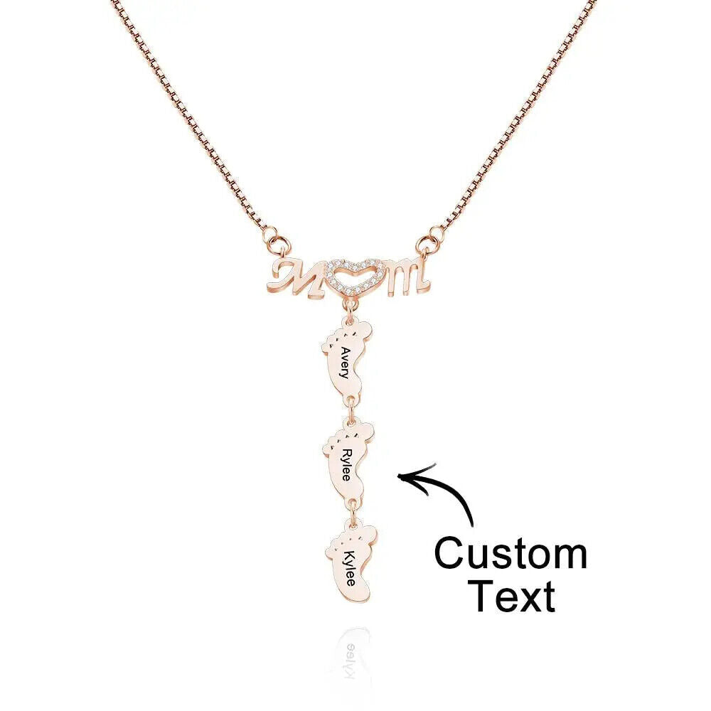 Personalised Necklace Baby Feet Engraved Mother's Day Heart Name Gift Family