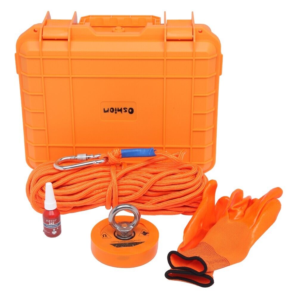1100LB Fishing Magnet Kit Strong Pull Force Rope Carabiner Gloves Glue & Box