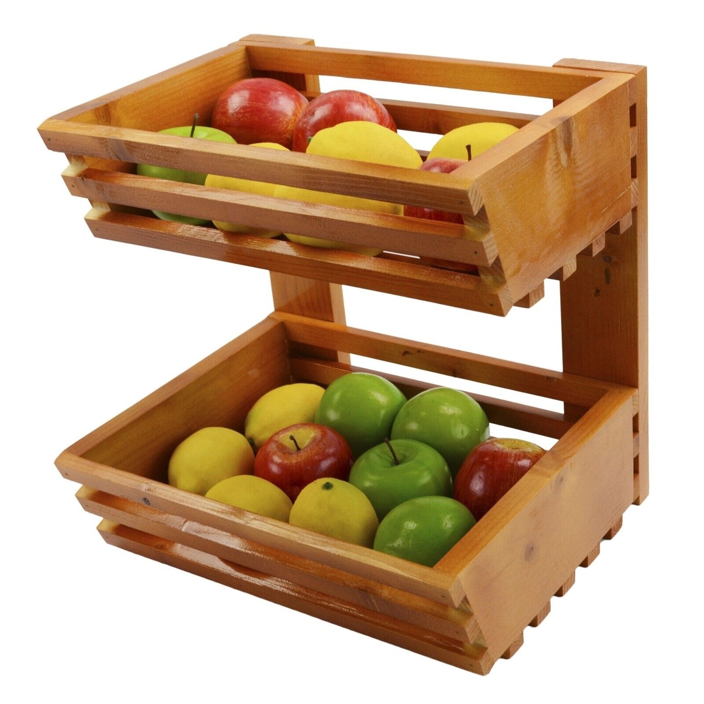 2 Tier Fruit Basket Handmade Natural Wood Holder Rack Vegetable Storage Stand