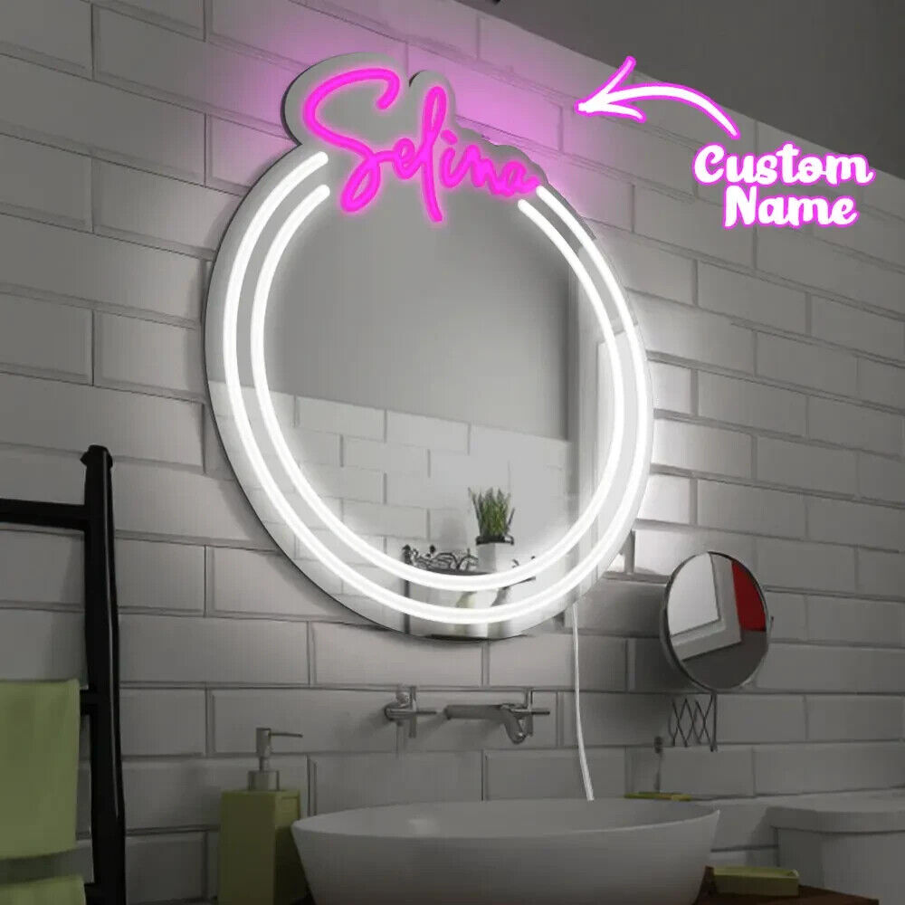 Personalised Name Mirror Sign, LED Custom Colour Dimmable Bathroom Sign
