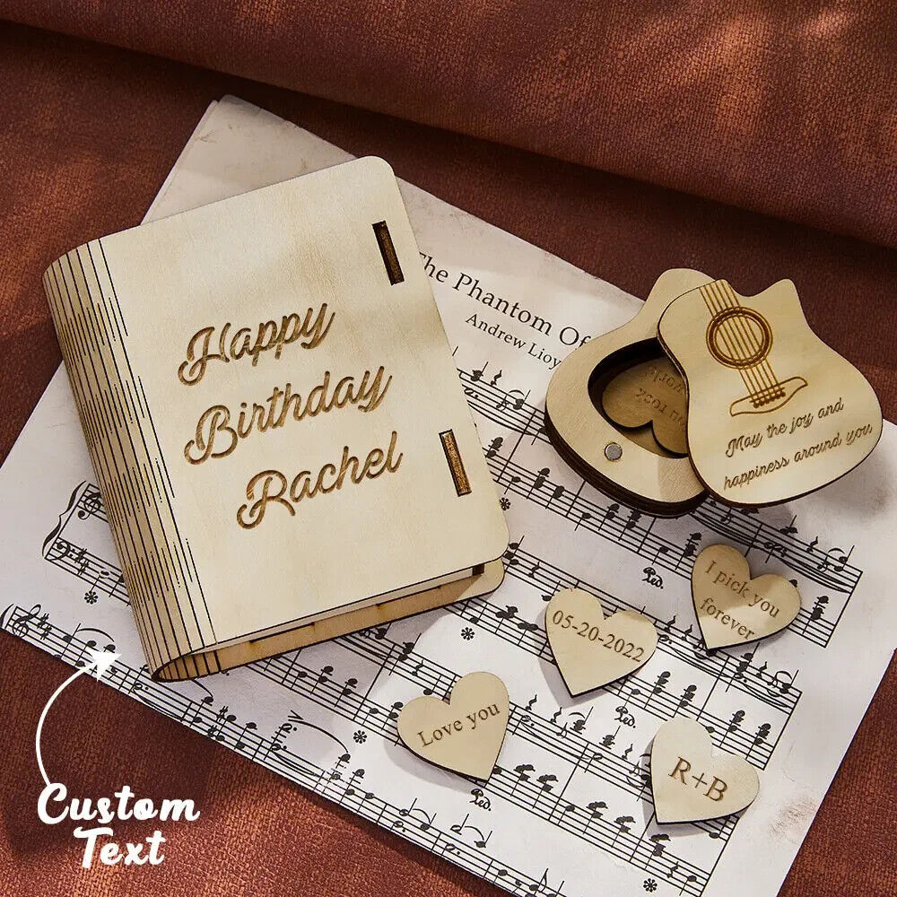 Personalised Custom Heart Guitar Picks with Guitar Shaped Box Engrave Wooden Box