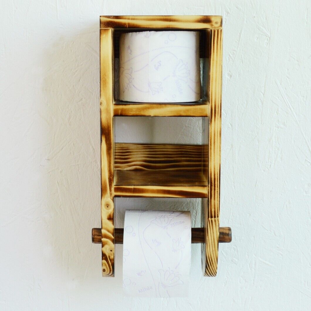 Wooden Toilet Paper Roll Holder Bathroom Storage Shelf Natural Wood Wall Mounted