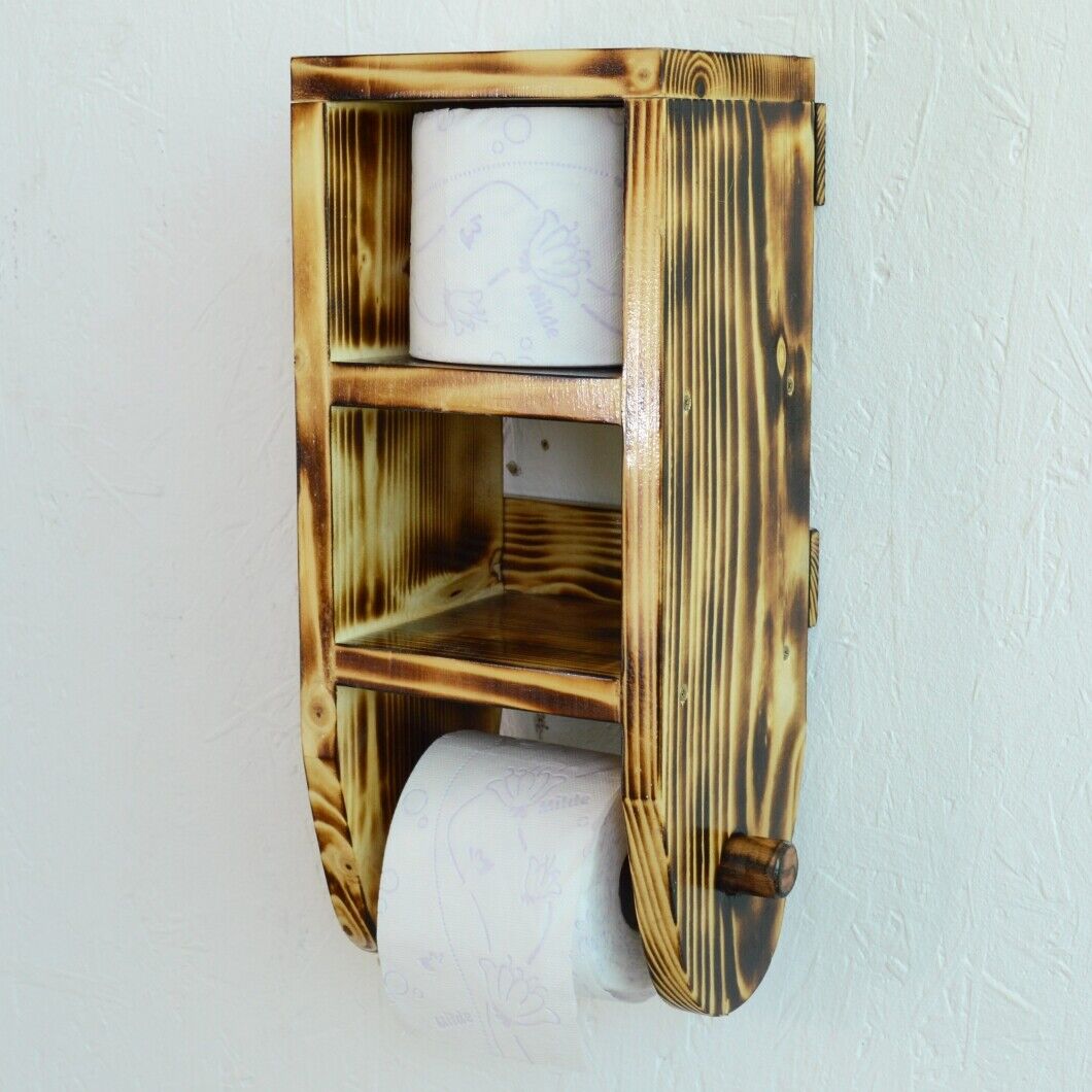 Wooden Toilet Paper Roll Holder Bathroom Storage Shelf Natural Wood Wall Mounted