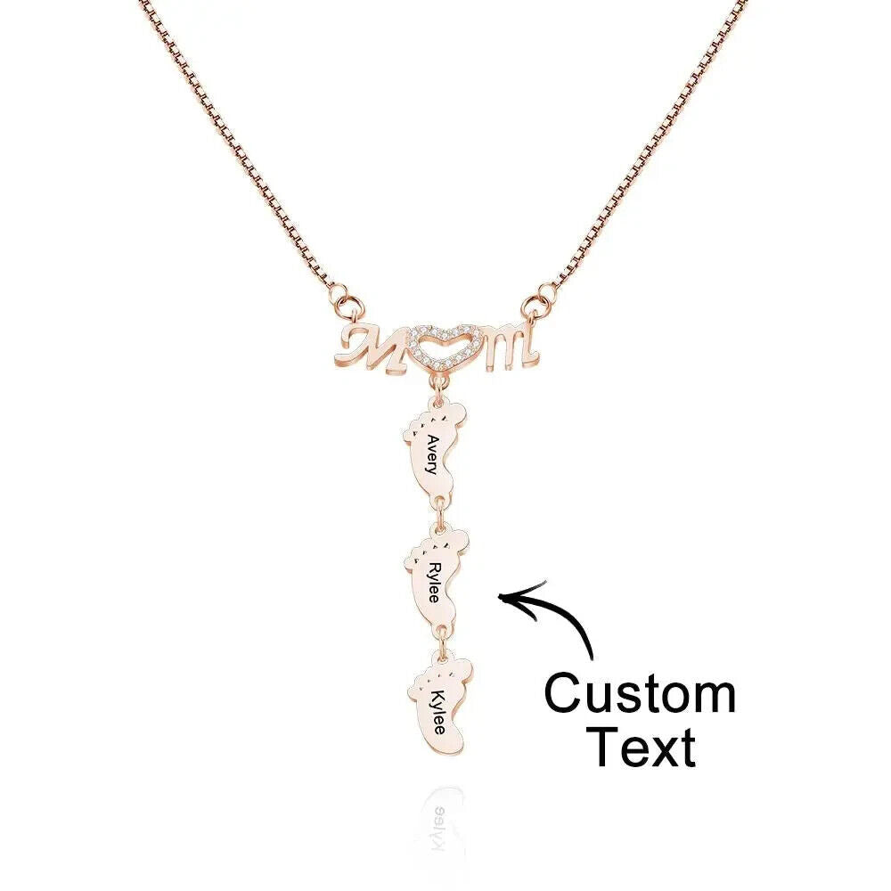 Personalised Necklace Baby Feet Engraved Mother's Day Heart Name Gift Family