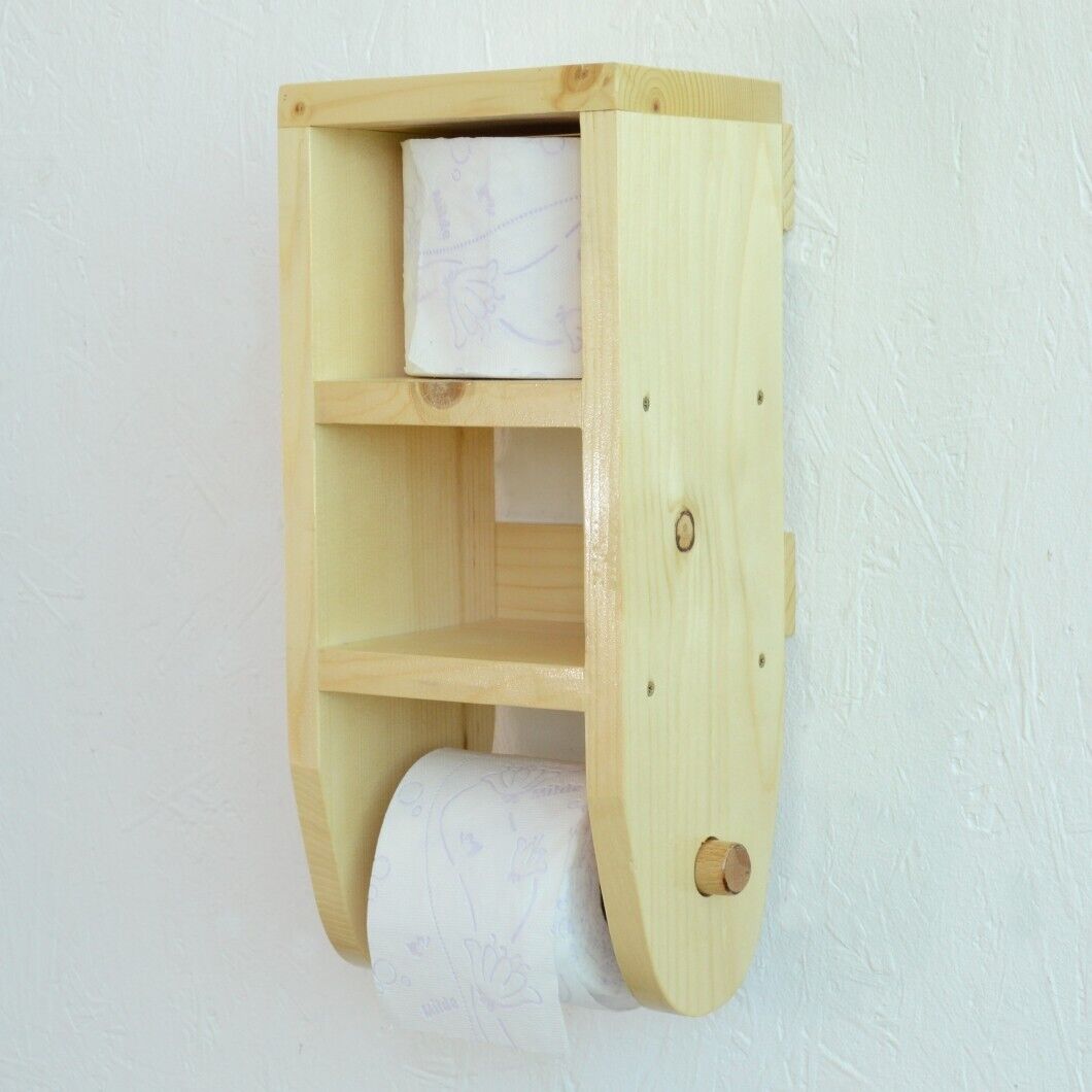 Wooden Toilet Paper Roll Holder Bathroom Storage Shelf Natural Wood Wall Mounted