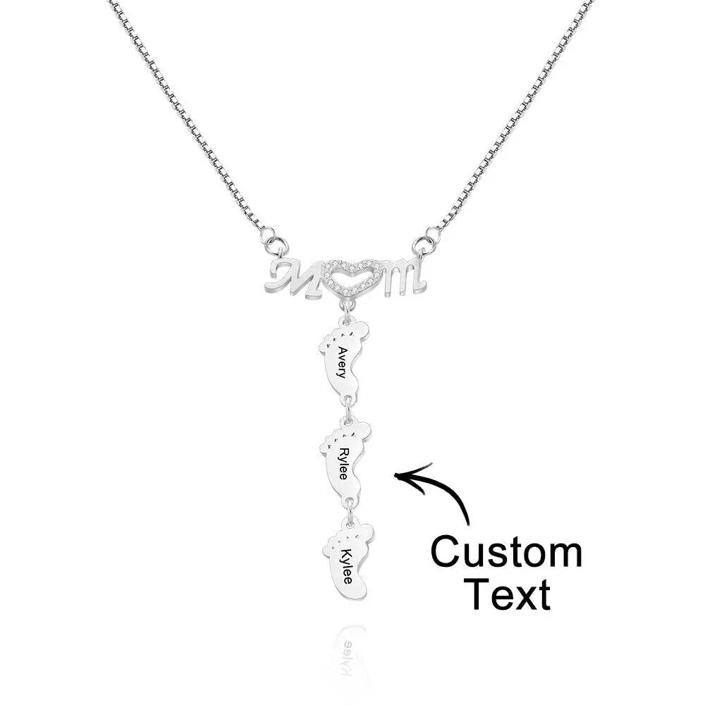Personalised Necklace Baby Feet Engraved Mother's Day Heart Name Gift Family
