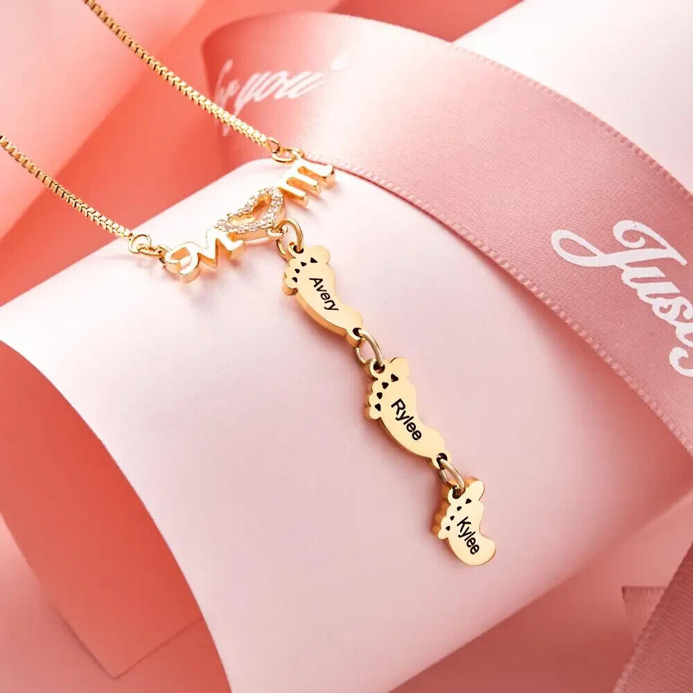 Personalised Necklace Baby Feet Engraved Mother's Day Heart Name Gift Family