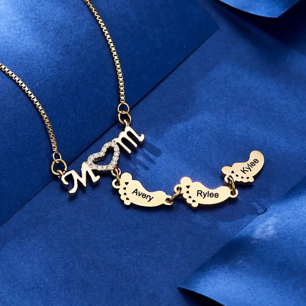 Personalised Necklace Baby Feet Engraved Mother's Day Heart Name Gift Family