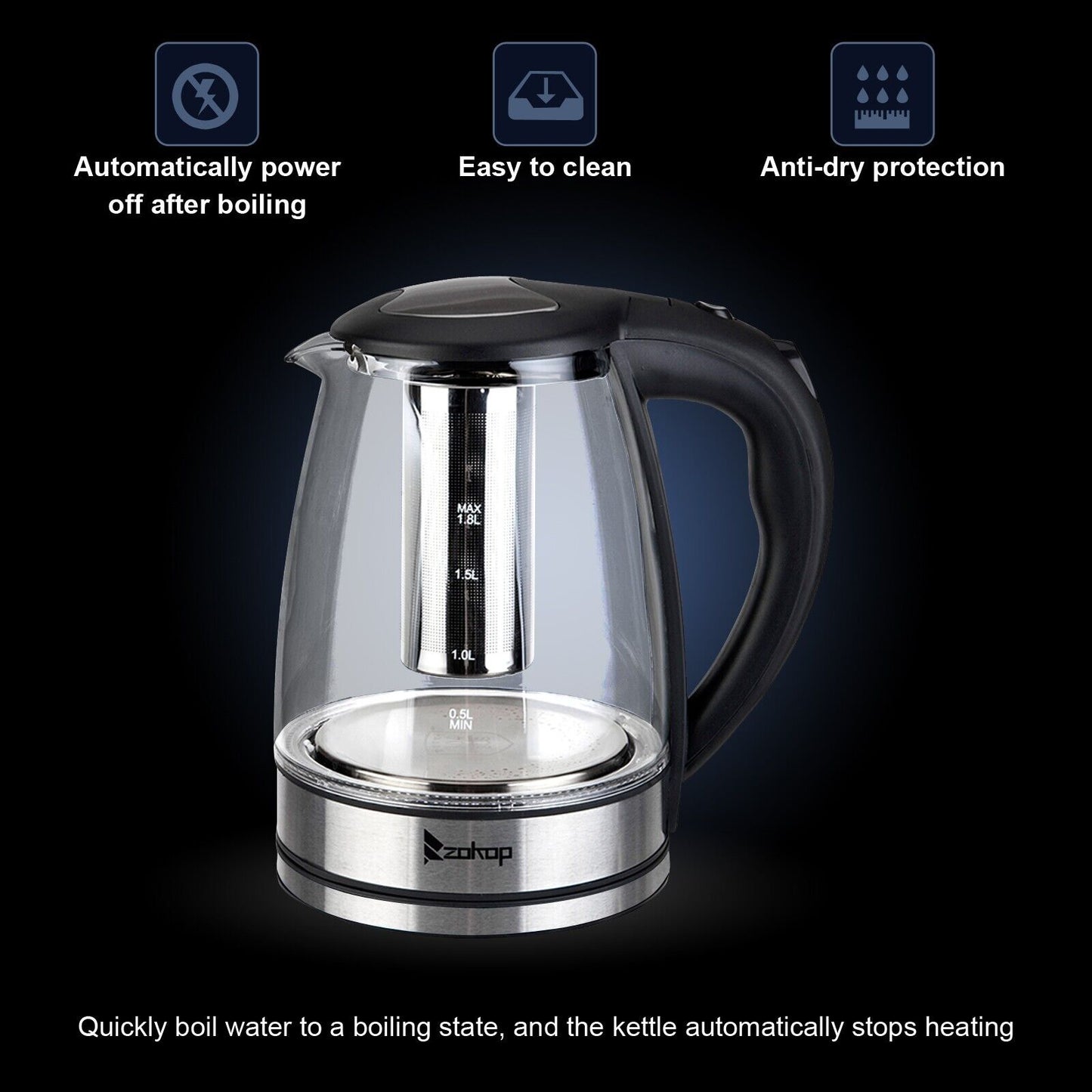 Electric Kettle 220V 2000W 1.8L LED Illuminate 360 Cordless Glass Kettle UK Plug