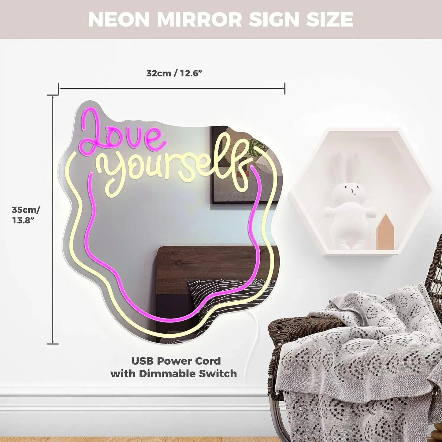 Love Yourself Mirror Light for Wall Wavy Neon Mirror LED Dimmable Light Gift