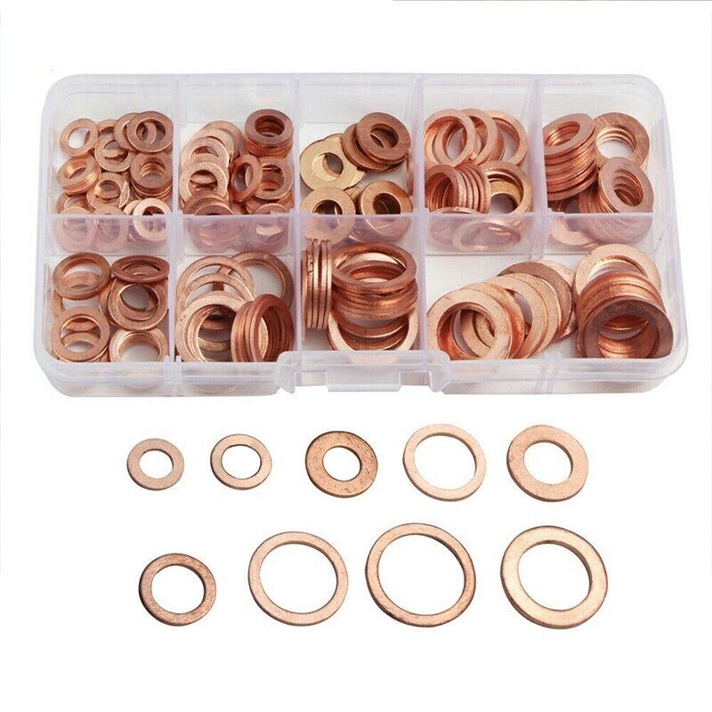 200 PC Assorted Washers Solid Copper Car Engine Crush Seal Flat Ring Gasket Set