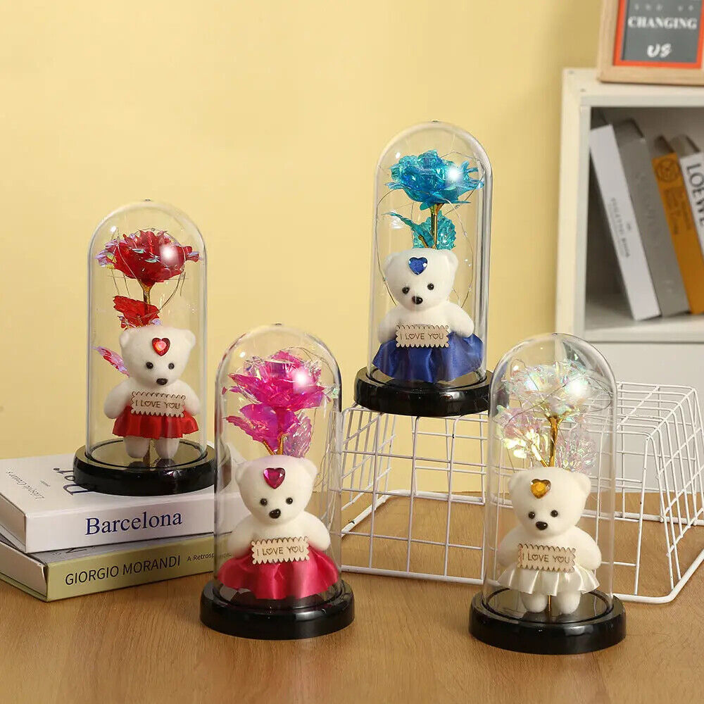 Light Up Rose in Glass Dome Infinity Flower Birthday Bear Gift For Her Xmas Gift