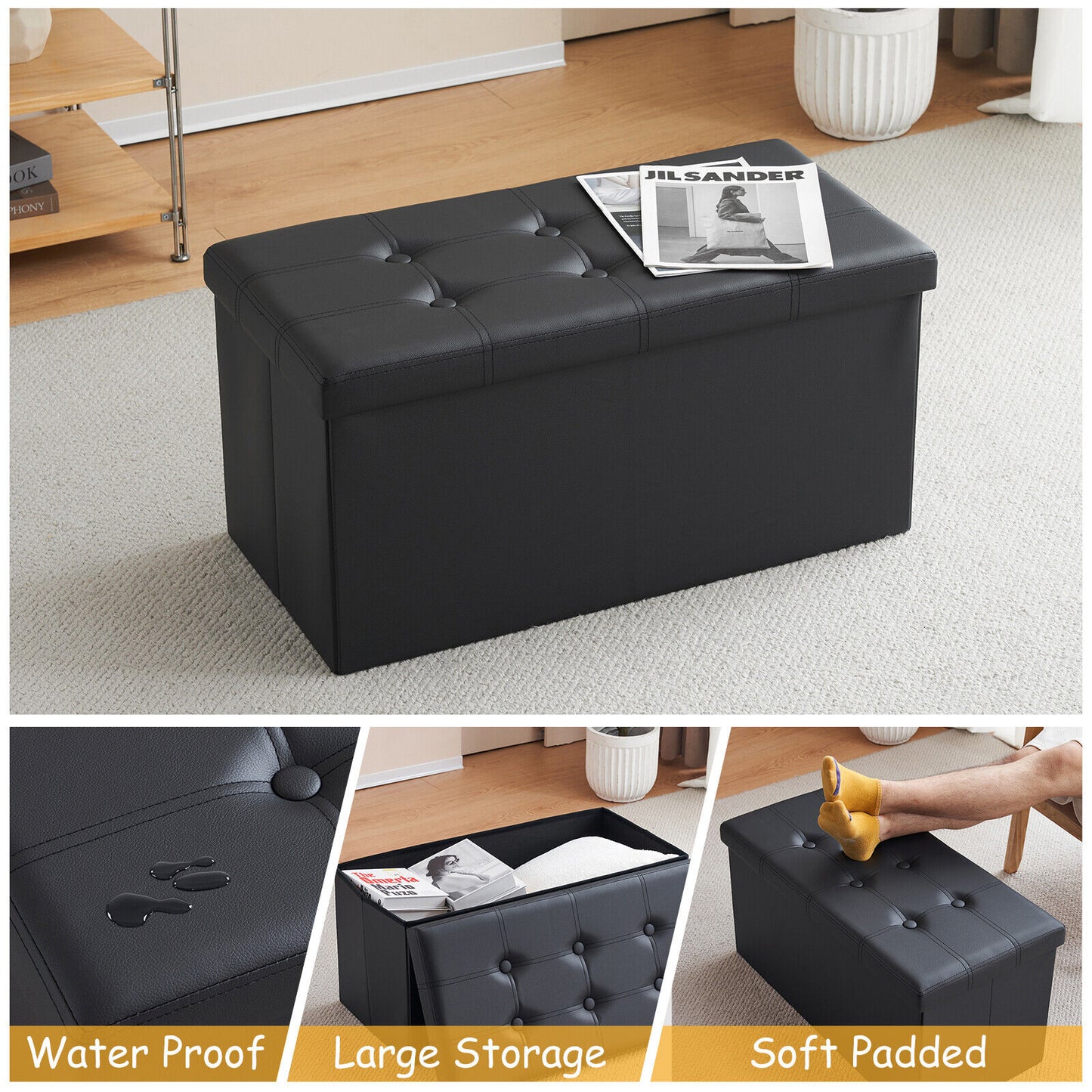 Folding Ottoman Storage Box Pouffe Seat Stool Home Chair Foot stool Bench LINEN