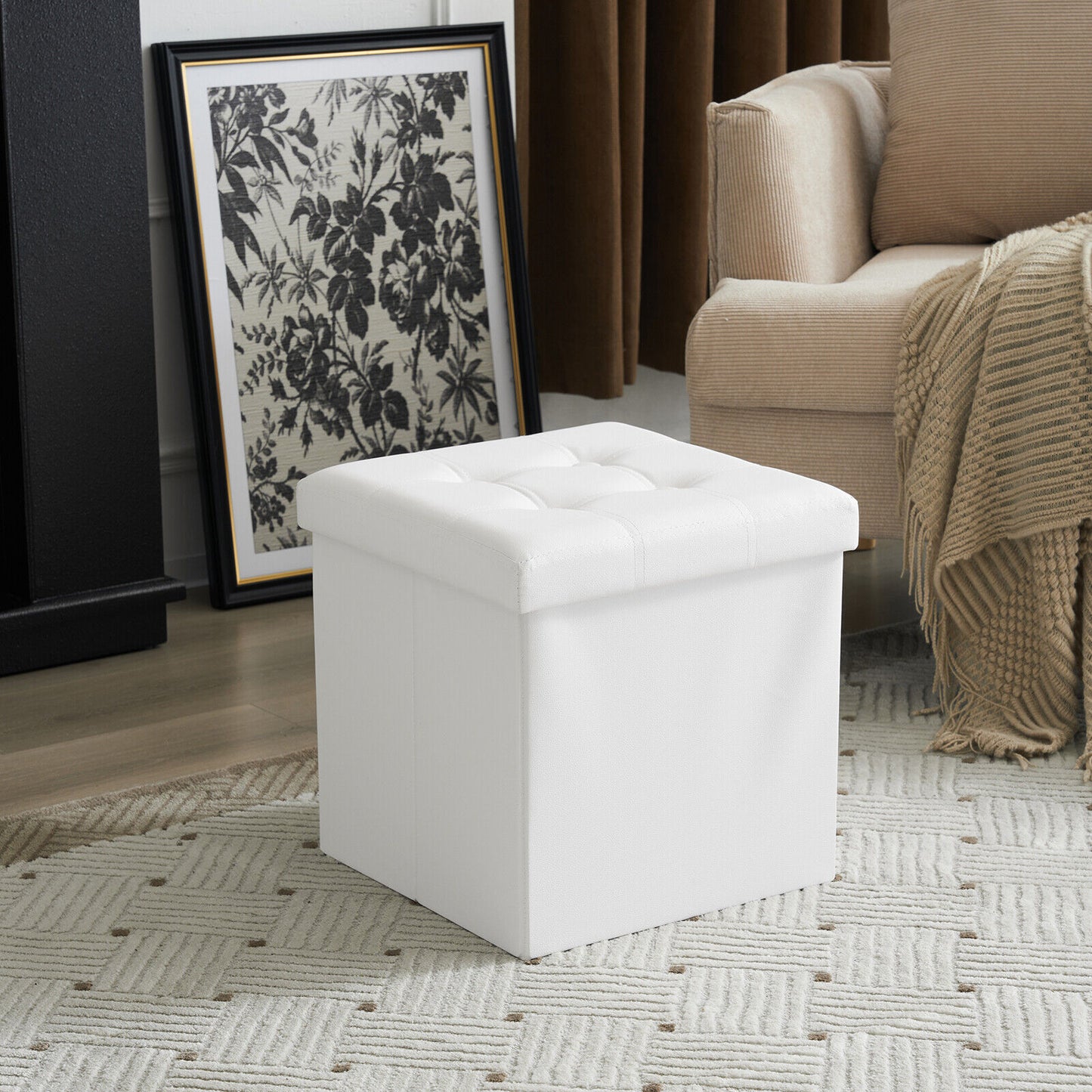 Folding Ottoman Storage Box Pouffe Seat Stool Home Chair Foot stool Bench LINEN