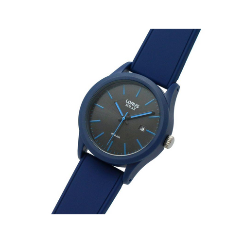 Lorus Mens Sport Solar Powered Black Dated Dial Rubber Blue Bracelet Strap Watch