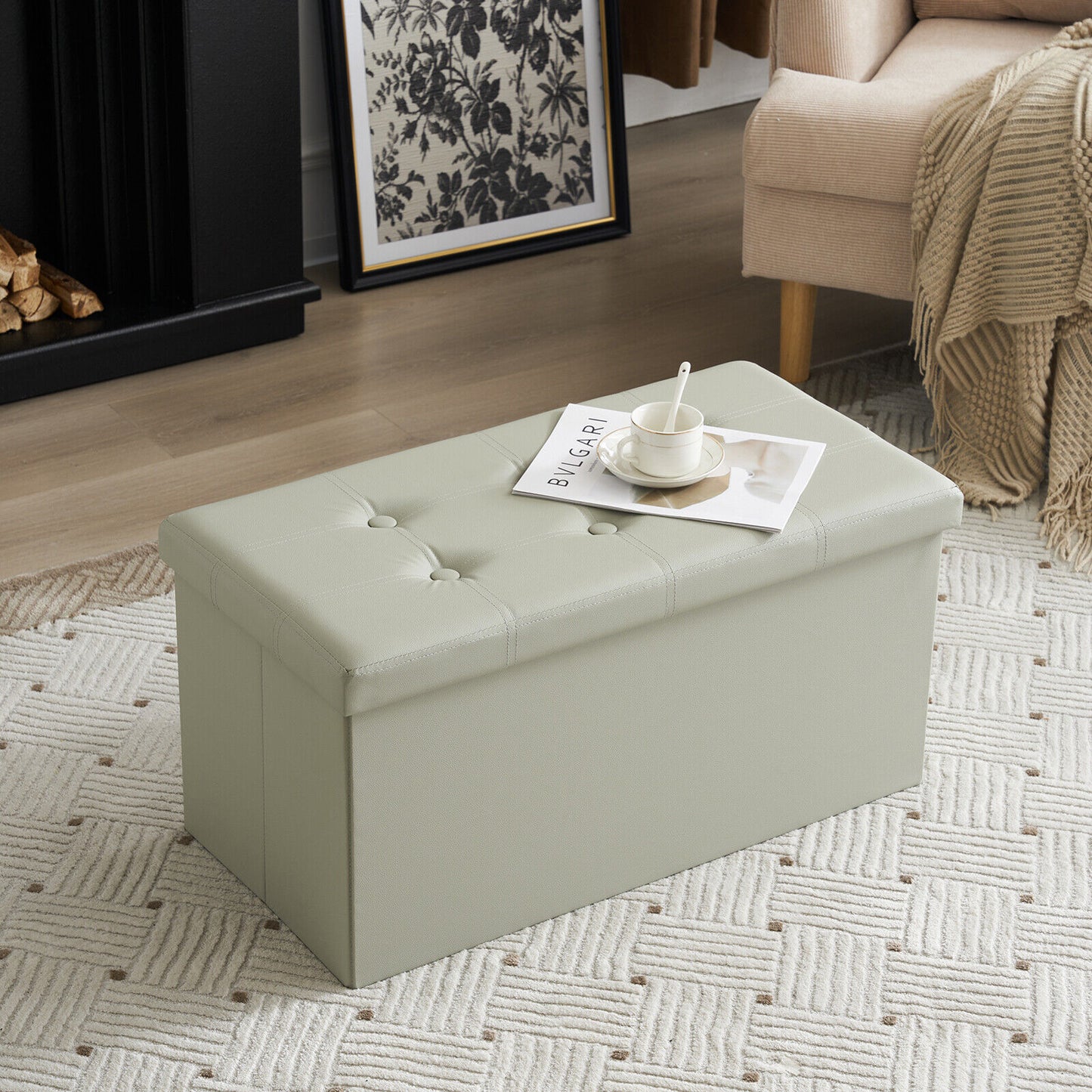 Folding Ottoman Storage Box Pouffe Seat Stool Home Chair Foot stool Bench LINEN