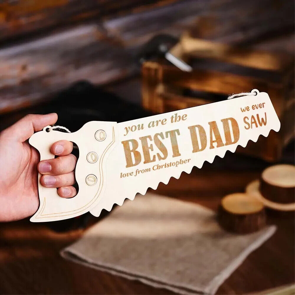 Personalised Fathers Day Engraved Custom Text Name Dad Hanging Saw Plaque