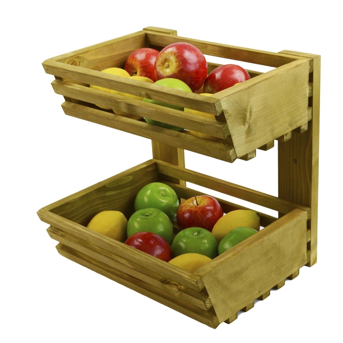 2 Tier Fruit Basket Handmade Natural Wood Holder Rack Vegetable Storage Stand