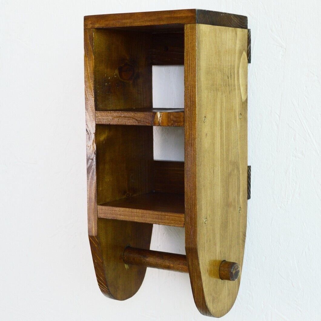 Wooden Toilet Paper Roll Holder Bathroom Storage Shelf Natural Wood Wall Mounted