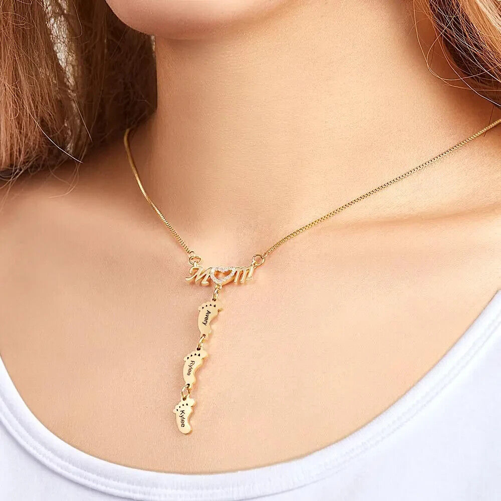 Personalised Necklace Baby Feet Engraved Mother's Day Heart Name Gift Family