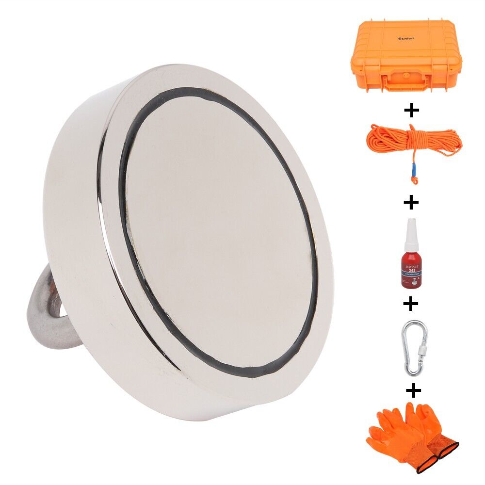 1100LB Fishing Magnet Kit Strong Pull Force Rope Carabiner Gloves Glue & Box
