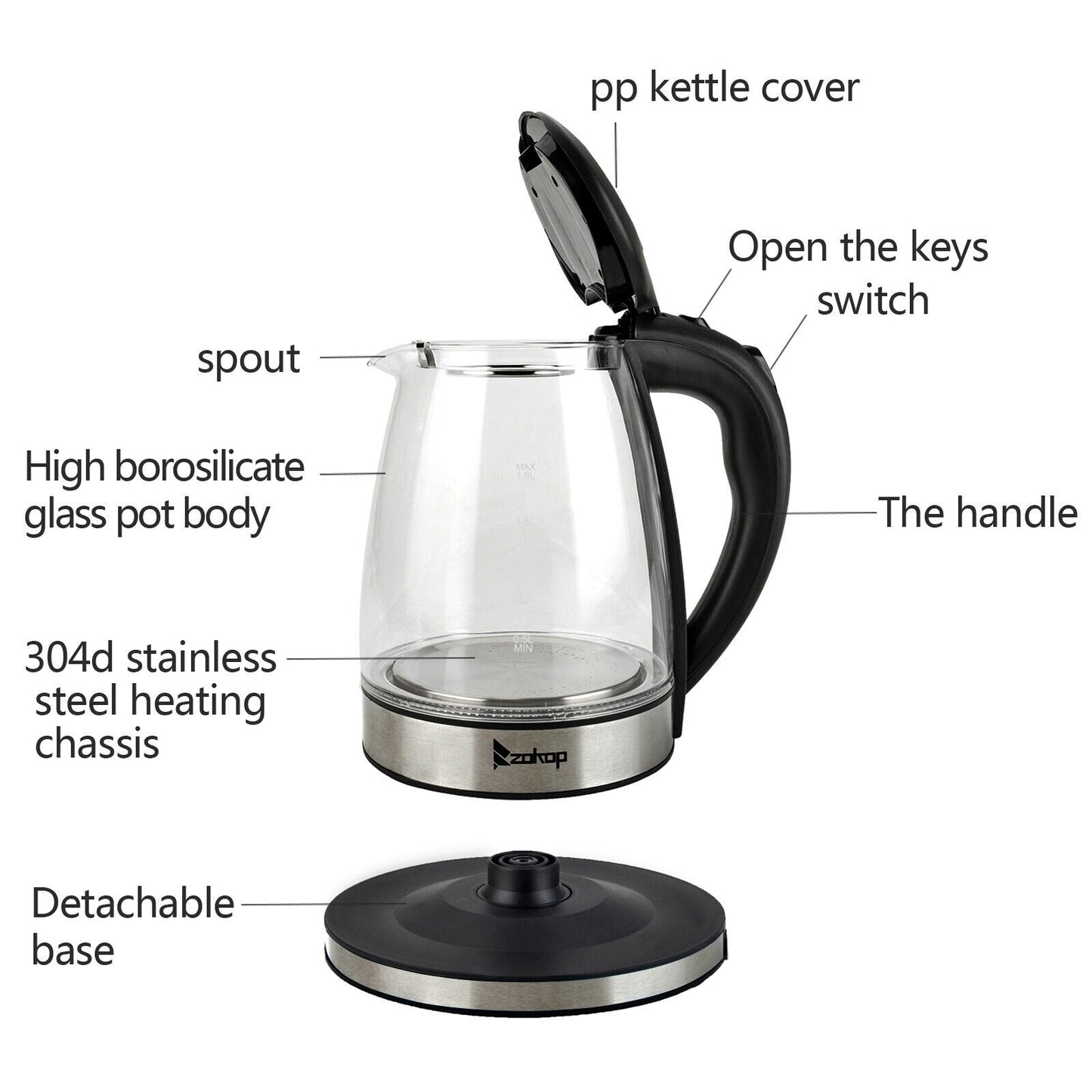 Electric Kettle 220V 2000W 1.8L LED Illuminate 360 Cordless Glass Kettle UK Plug
