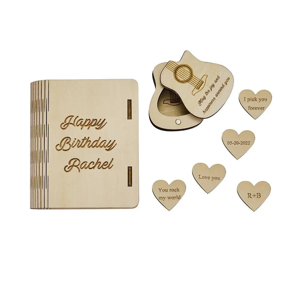 Personalised Custom Heart Guitar Picks with Guitar Shaped Box Engrave Wooden Box