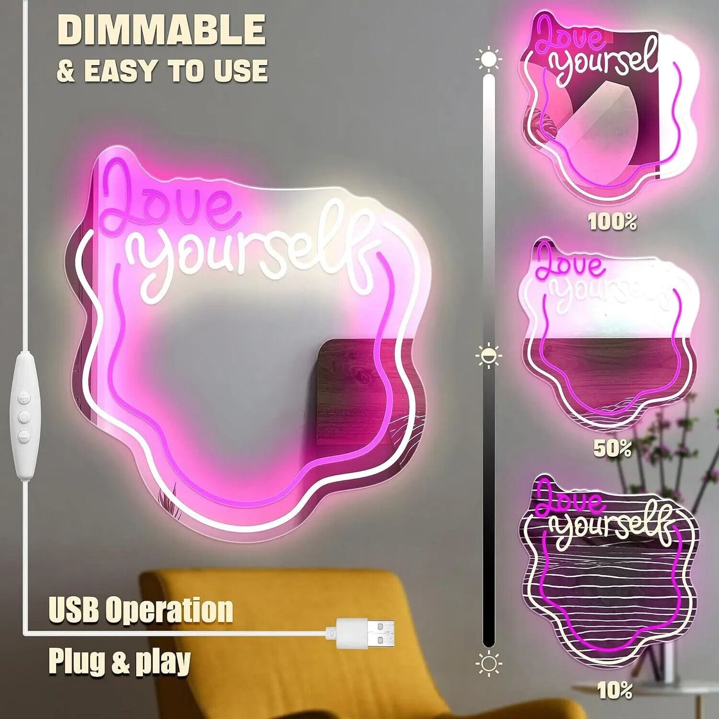 Love Yourself Mirror Light for Wall Wavy Neon Mirror LED Dimmable Light Gift