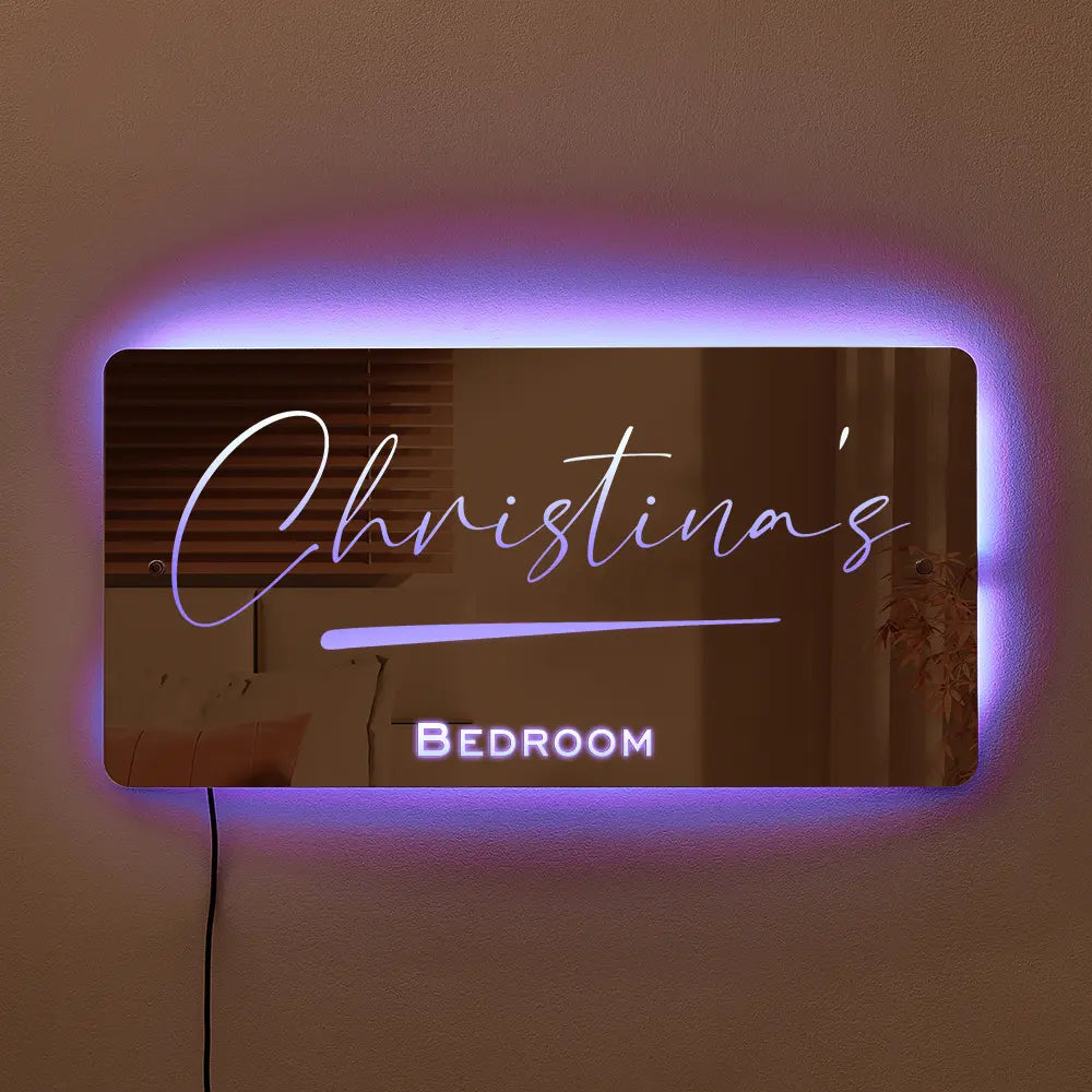 Personalised Name Mirror Sign, LED Custom Illuminated Light Up Bedroom Sign
