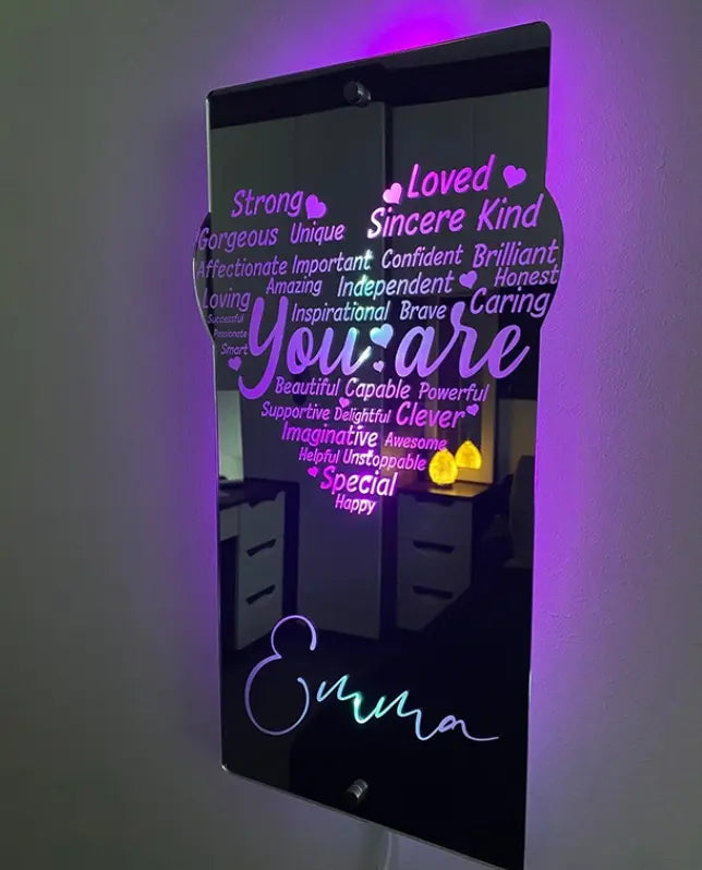 Personalised Name Mirror Sign Love Heart, LED Custom Illuminated Light Up Gift