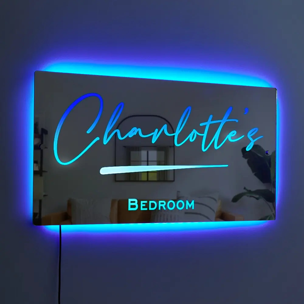 Personalised Name Mirror Sign, LED Custom Illuminated Light Up Bedroom Sign